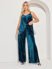 Yours Curve Blue Crushed Velour Wide Leg Trousers - Image 2 of 5