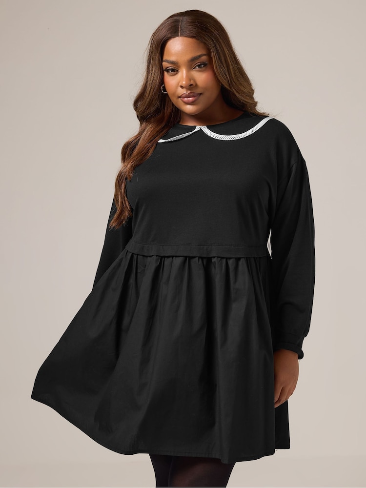 Yours Curve Black Heavyweight Poplin Collar Jumper Dress - Image 1 of 5 Yours Curve Black Heavyweight Poplin Collar Jumper Dress - Image 1 of 5