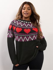 Yours Curve Black Fairisle Heart Jumper - Image 1 of 5