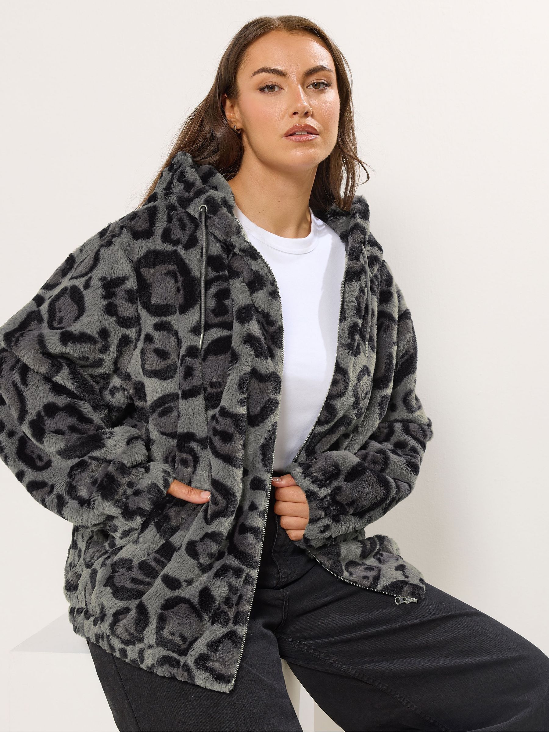 Buy Yours Curve Grey Faux Fur Zip Thru Hooded Fleece from the Next