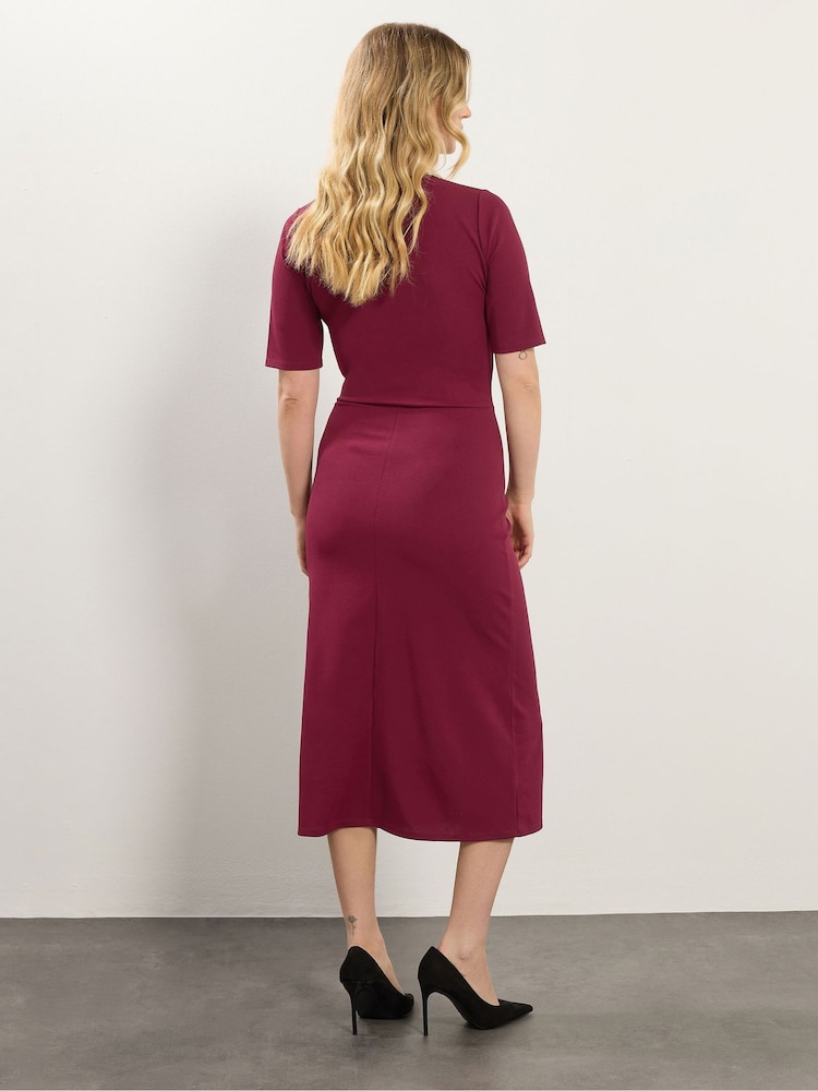 fitted red midi dress Red Midi Dress with Puff Sleeves and High Side Slit