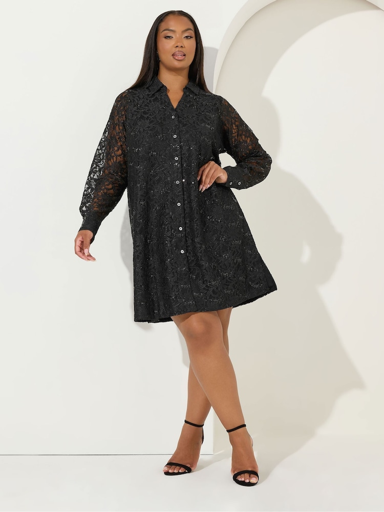Yours Curve Black Party Lace Shirt Dress - Image 1 of 5