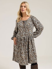 Yours Curve Carbon  Black Leopard Tie Neck Dress - Image 1 of 5