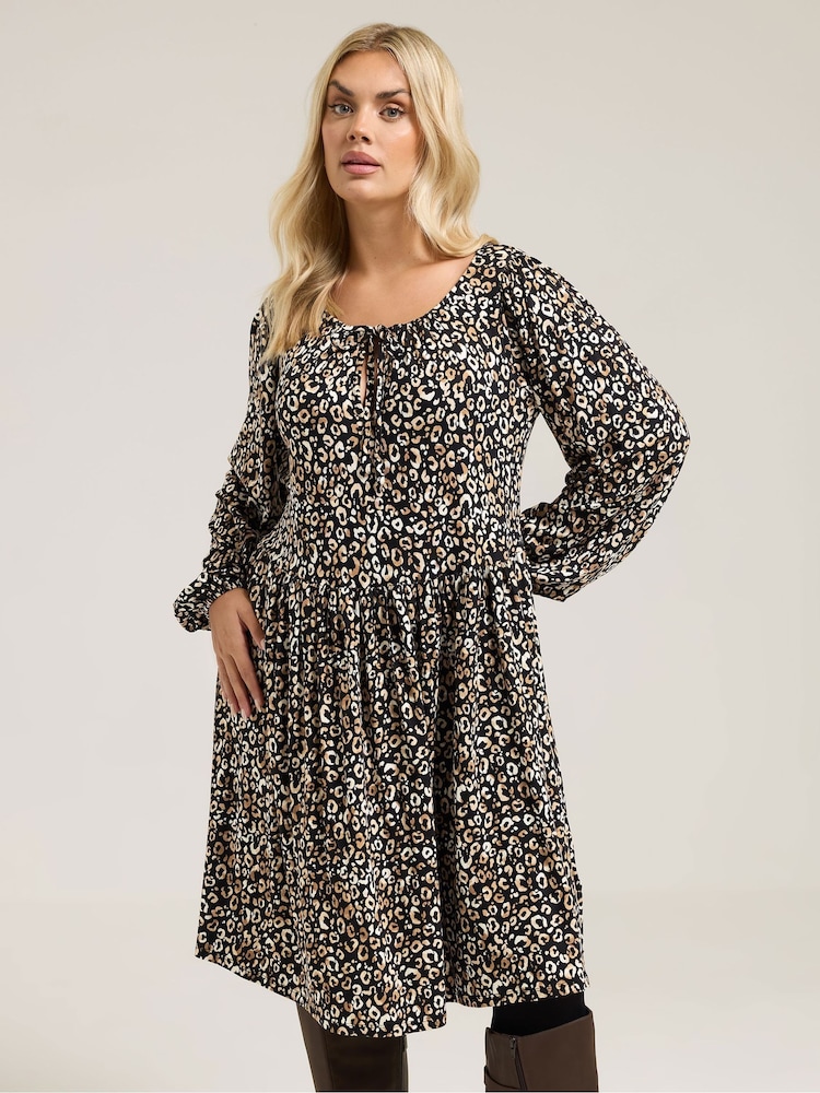 Yours Curve Carbon Black Leopard Tie Neck Dress - Image 1 of 5 Yours Curve Carbon Black Leopard Tie Neck Dress - Image 1 of 5