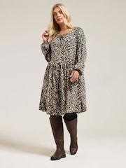 Yours Curve Carbon  Black Leopard Tie Neck Dress - Image 2 of 5