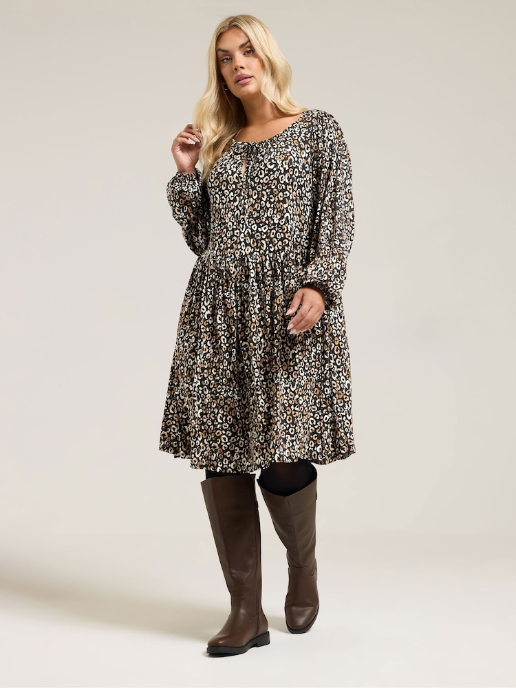 Yours Curve Carbon Black Leopard Tie Neck Dress - Image 2 of 5 Yours Curve Carbon Black Leopard Tie Neck Dress - Image 2 of 5