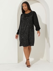 Yours Curve Black Sequin Swing Party Dress - Image 1 of 6