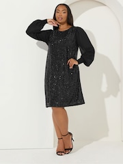 Yours Curve Black Sequin Swing Party Dress - Image 2 of 6