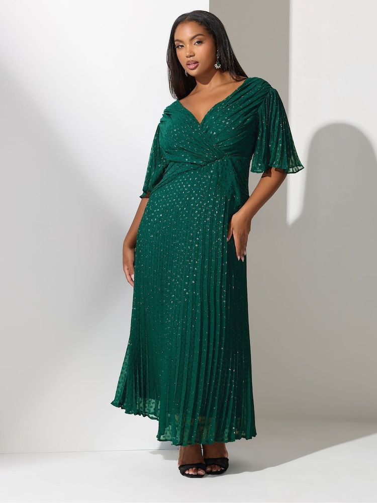 Yours Curve Green London Metallic Pleated Wrap Dress - Image 1 of 5