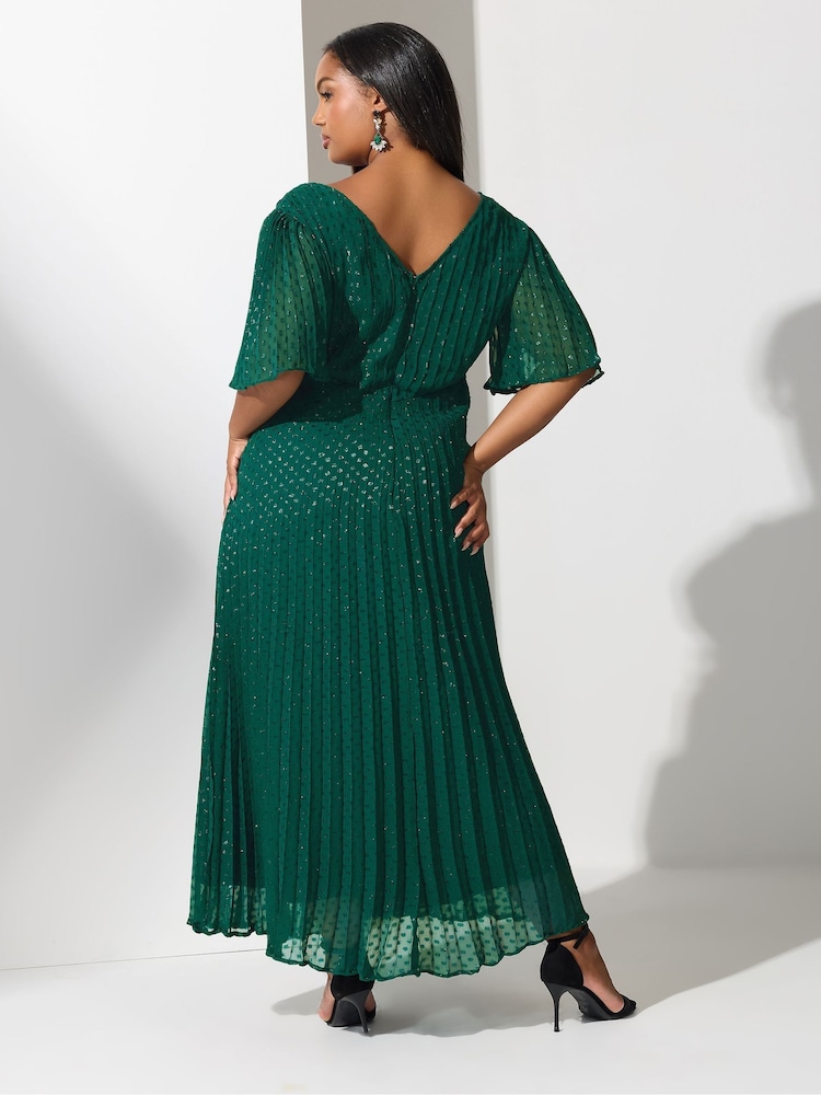 Yours Curve Green London Metallic Pleated Wrap Dress - Image 2 of 5