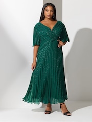 Yours Curve Green London Metallic Pleated Wrap Dress - Image 3 of 5