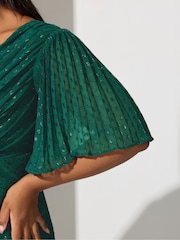 Yours Curve Green London Metallic Pleated Wrap Dress - Image 4 of 5