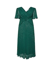 Yours Curve Green London Metallic Pleated Wrap Dress - Image 5 of 5