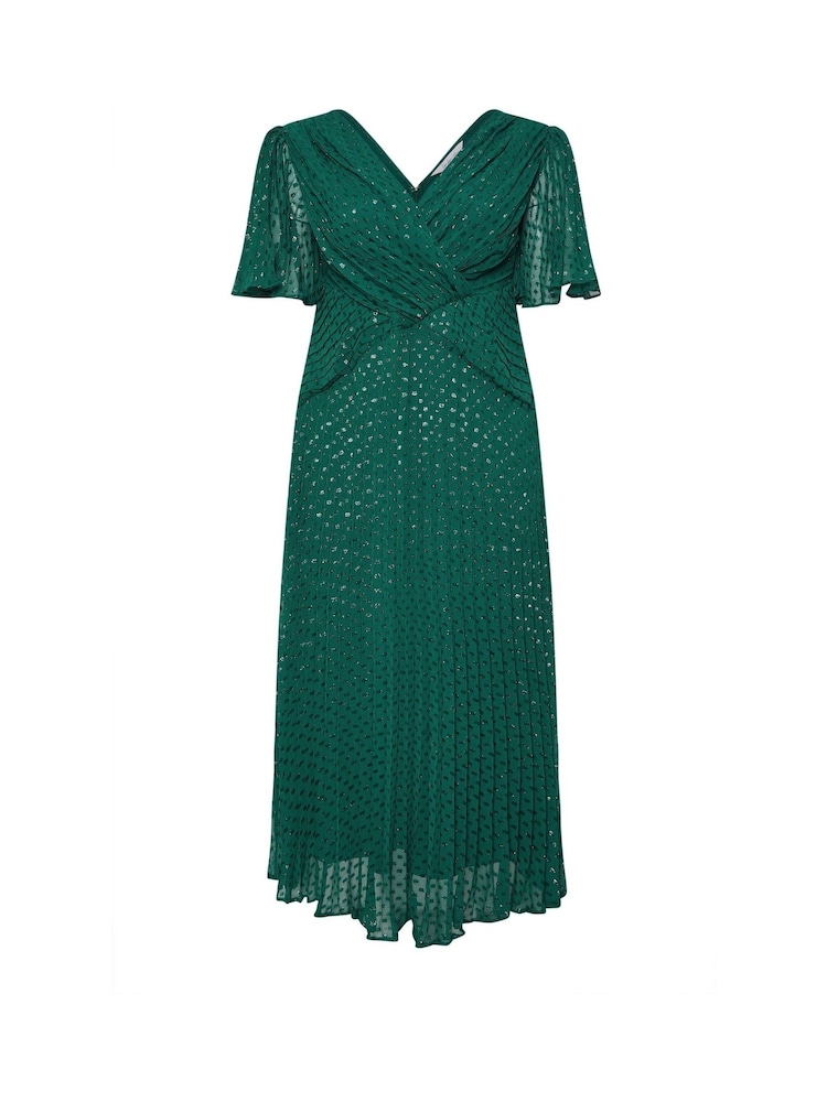 Yours Curve Green London Metallic Pleated Wrap Dress - Image 5 of 5