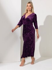 Yours Curve Purple London Velvet Wrap Gathered Dress - Image 2 of 5