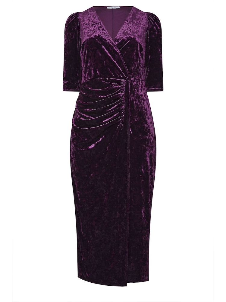Yours Curve Purple London Velvet Wrap Gathered Dress - Image 5 of 5