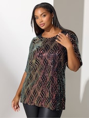Yours Curve Black London Sequin Abstact Animal Bow Back Top - Image 1 of 4