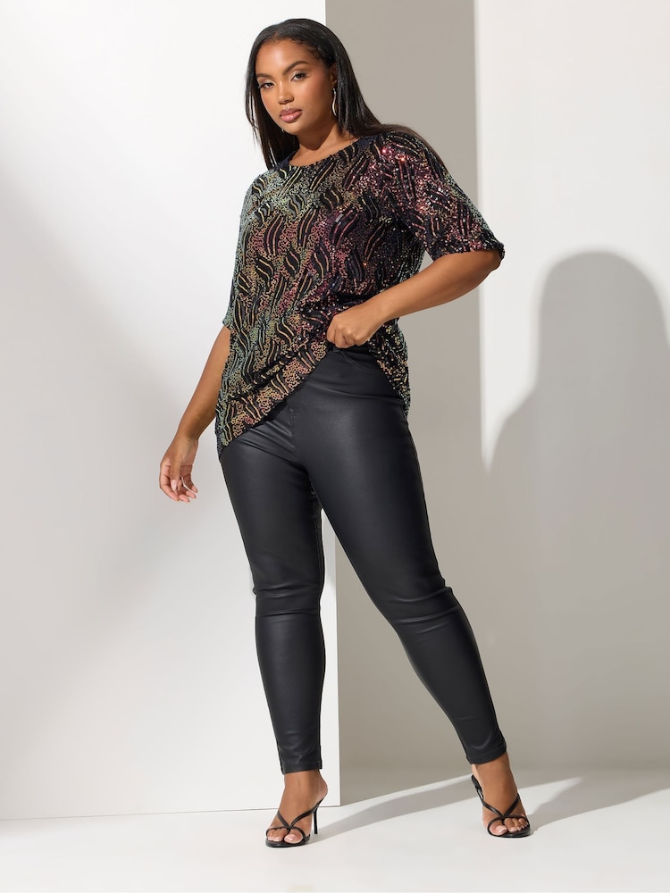 Yours Curve Black London Sequin Abstact Animal Bow Back Top - Image 2 of 4