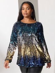 أزرق - Yours Curve London Multi Bow Back Sequin Ombre Top - صورة 1 من 5
