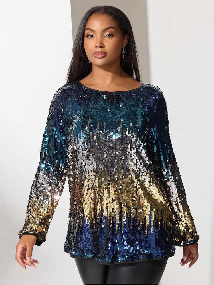 أزرق - Yours Curve London Multi Bow Back Sequin Ombre Top - صورة 1 من 5