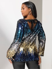 أزرق - Yours Curve London Multi Bow Back Sequin Ombre Top - صورة 3 من 5