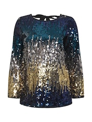 أزرق - Yours Curve London Multi Bow Back Sequin Ombre Top - صورة 5 من 5
