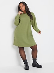 Yours Curve Green Ribbed Soft Zip Neck Jumper Dress - Image 1 of 5