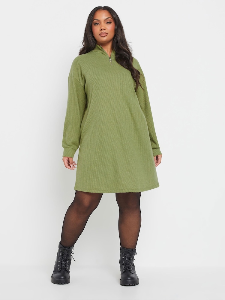 Yours Curve Green Ribbed Soft Zip Neck Jumper Dress - Image 2 of 5 Yours Curve Green Ribbed Soft Zip Neck Jumper Dress - Image 2 of 5