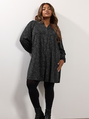 Yours Curve Black Pleated Front Jacquard Dress - Image 2 of 5