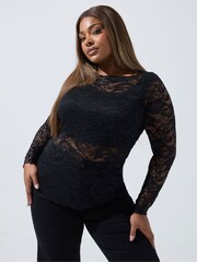 Yours Curve Black Limited Long Sleeve Lace Top - Image 1 of 5