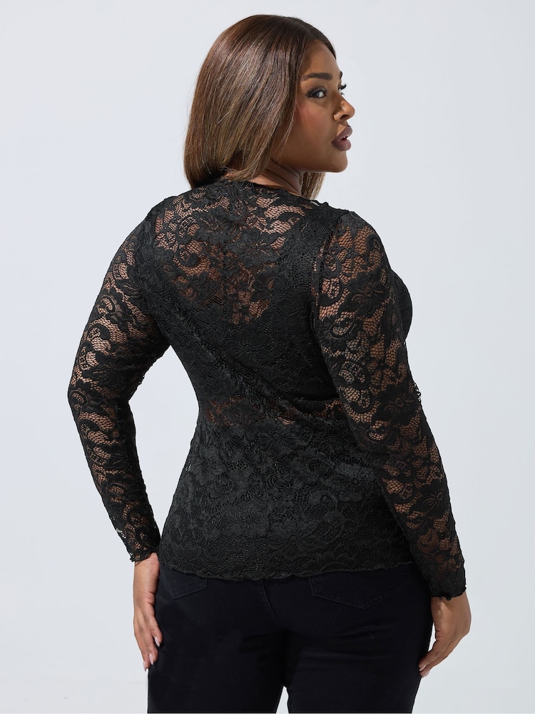 Yours Curve Black Limited Long Sleeve Lace Top - Image 2 of 5