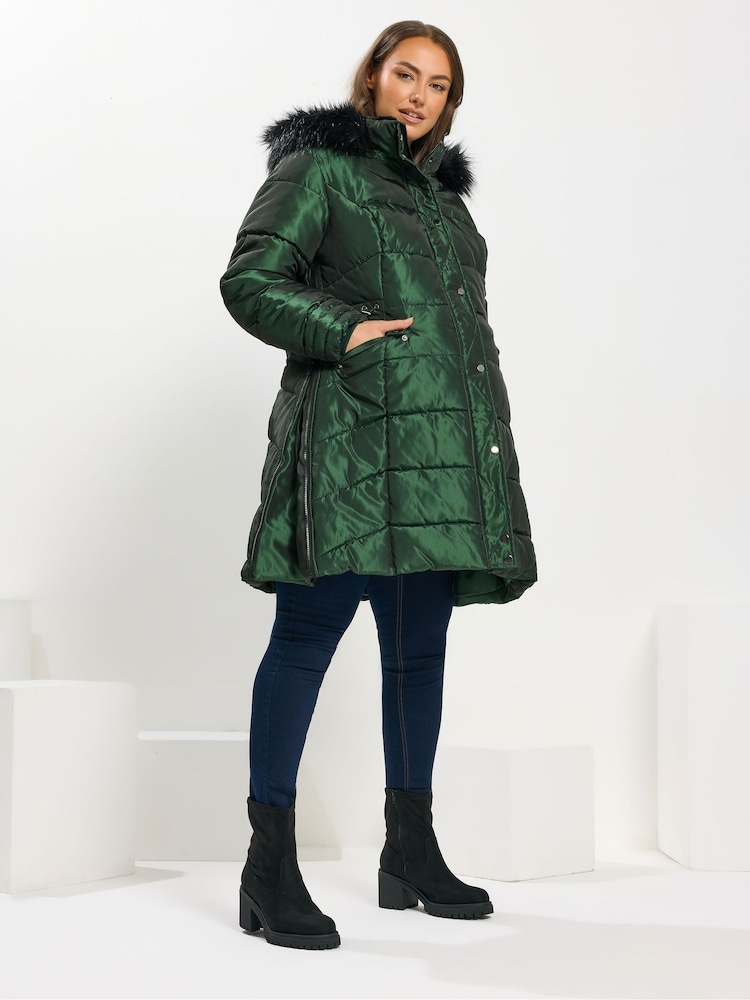 Yours Curve Green Maternity Panelled Midi Puffer Coat - Image 2 of 5 Yours Curve Green Maternity Panelled Midi Puffer Coat - Image 2 of 5