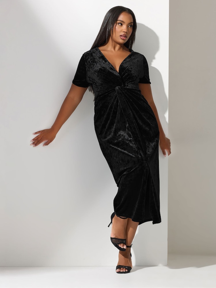 Yours Curve Black London Velvet Knot Dress - Image 1 of 5 Yours Curve Black London Velvet Knot Dress - Image 1 of 5