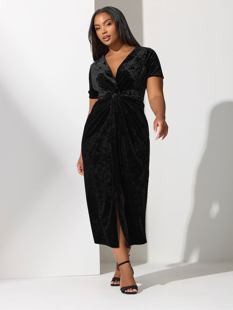 Yours Curve Black London Velvet Knot Dress - Image 2 of 5 Yours Curve Black London Velvet Knot Dress - Image 2 of 5