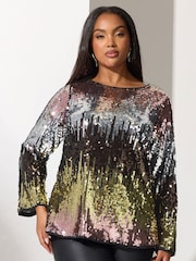 Yours Curve Pink London Multi Bow Back Sequin Ombre Top - Image 1 of 5