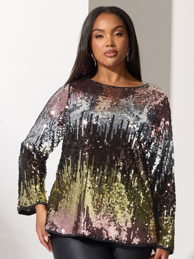 Yours Curve Pink London Multi Bow Back Sequin Ombre Top - Image 1 of 5