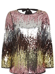 Yours Curve Pink London Multi Bow Back Sequin Ombre Top - Image 5 of 5