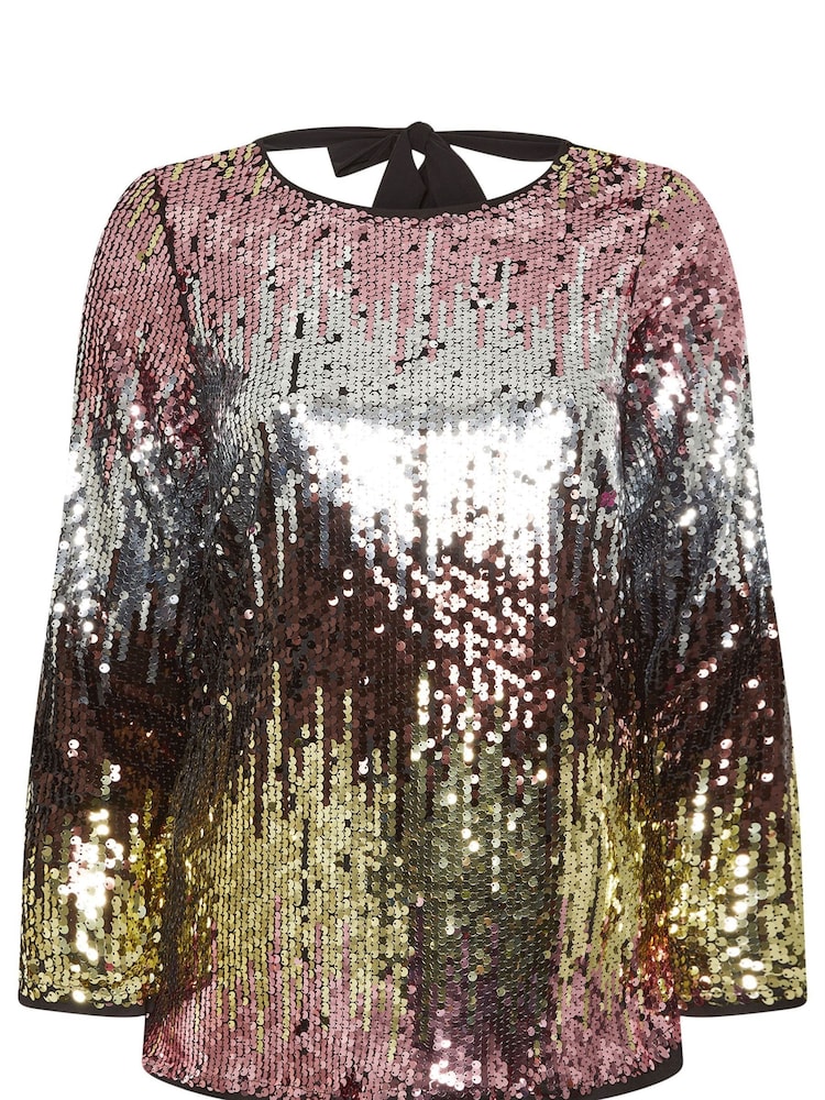 Yours Curve Pink London Multi Bow Back Sequin Ombre Top - Image 5 of 5