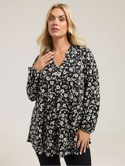Yours Curve Black Notch Neck Pleated Front Top - Image 1 of 5