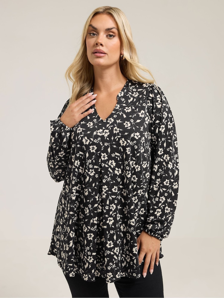 Yours Curve Black Notch Neck Pleated Front Top - Image 1 of 5