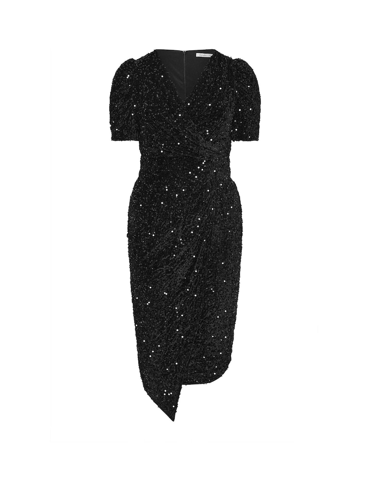 Yours Curve Black London Sequin Velvet Puff Sleeve Wrap Dress - Image 5 of 5