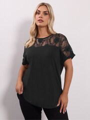 Yours Curve Black Rose Insert Grown On T-Shirt - Image 1 of 5