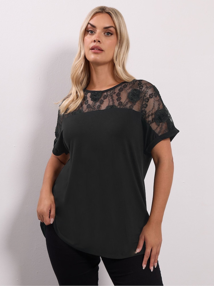Yours Curve Black Rose Insert Grown On T-Shirt - Image 1 of 5