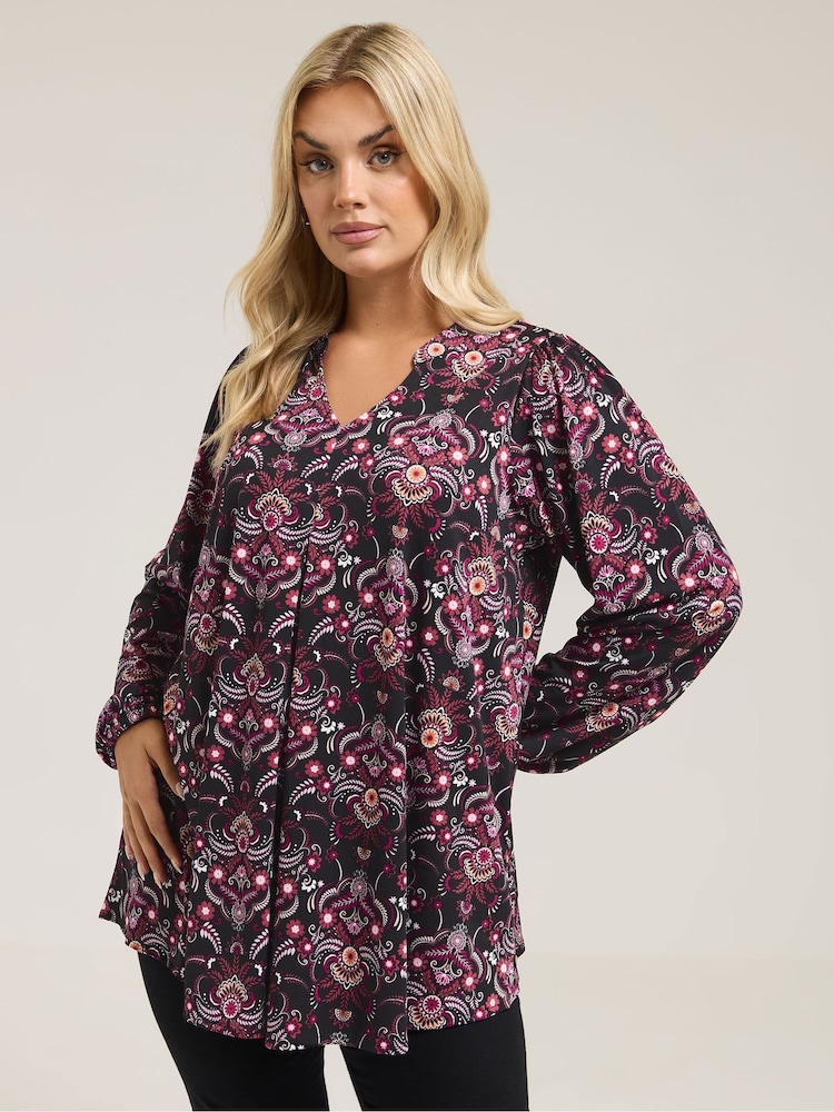 Yours Curve Coal Black Notch Neck Pleated Front Top - Image 1 of 5