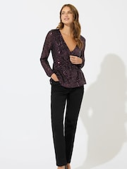 M&Co Red Sequin Wrap Long Sleeve Top - Image 1 of 5