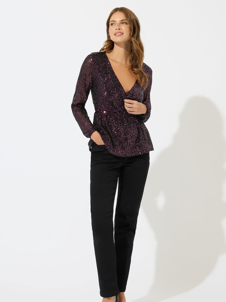 M&Co Red Sequin Wrap Long Sleeve Top - Image 1 of 5