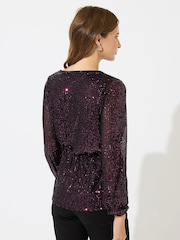 M&Co Red Sequin Wrap Long Sleeve Top - Image 3 of 5