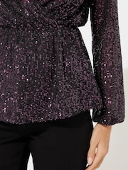 M&Co Red Sequin Wrap Long Sleeve Top - Image 4 of 5