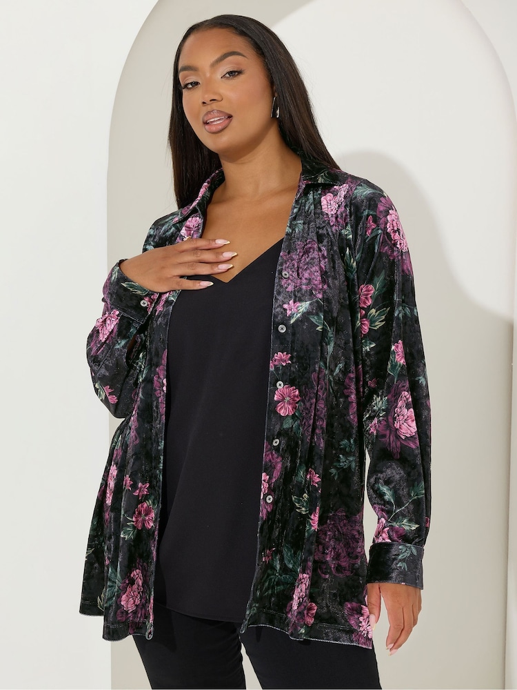 Yours Curve Black Velour Party Shirt - Image 1 of 5