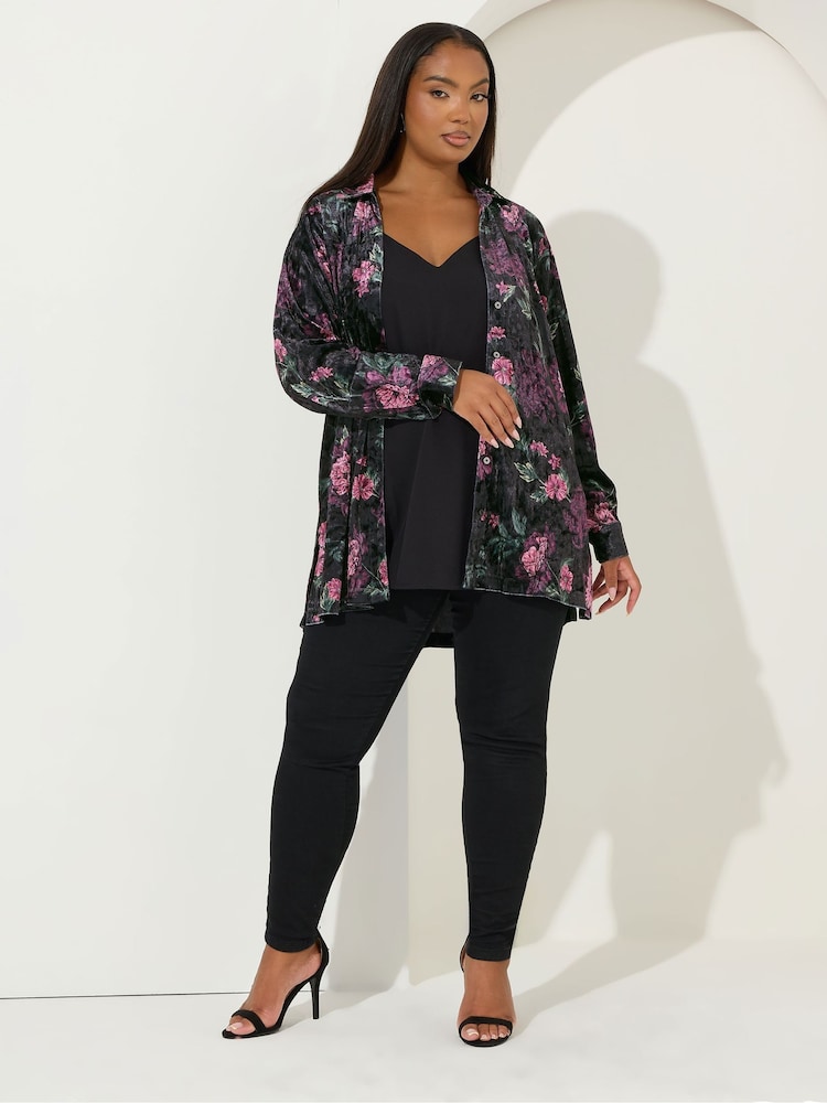 Yours Curve Black Velour Party Shirt - Image 2 of 5
